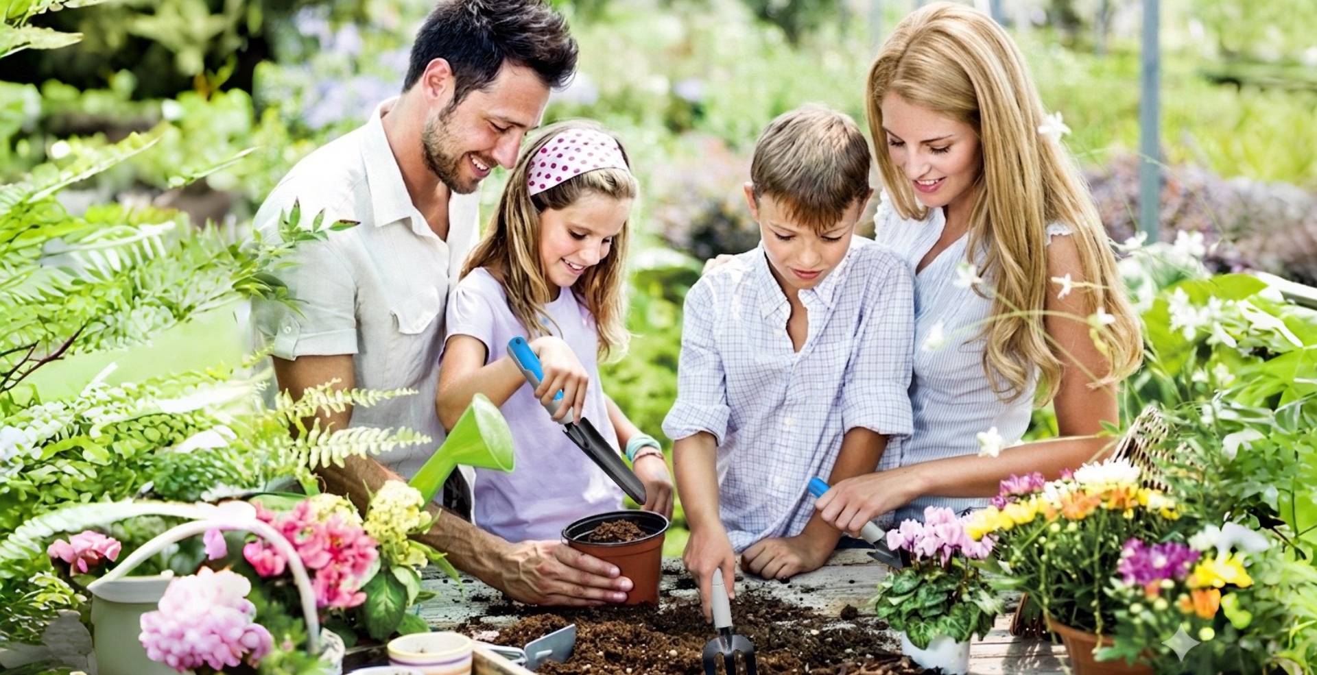 Una familia pasando el día juntos utilizando herramientas de jardinería en el jardín.