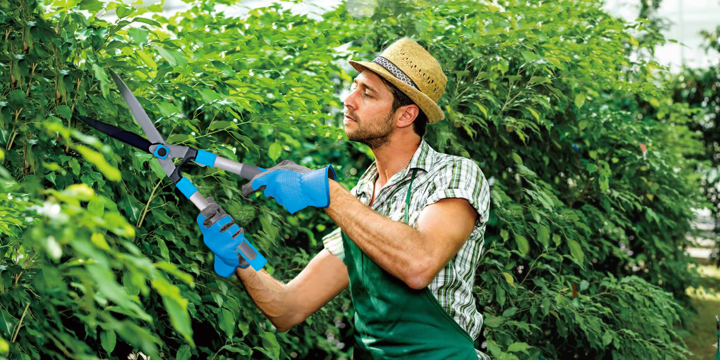 Un jardinero al aire libre usando tijeras de podar para podar un árbol en un jardín verde.